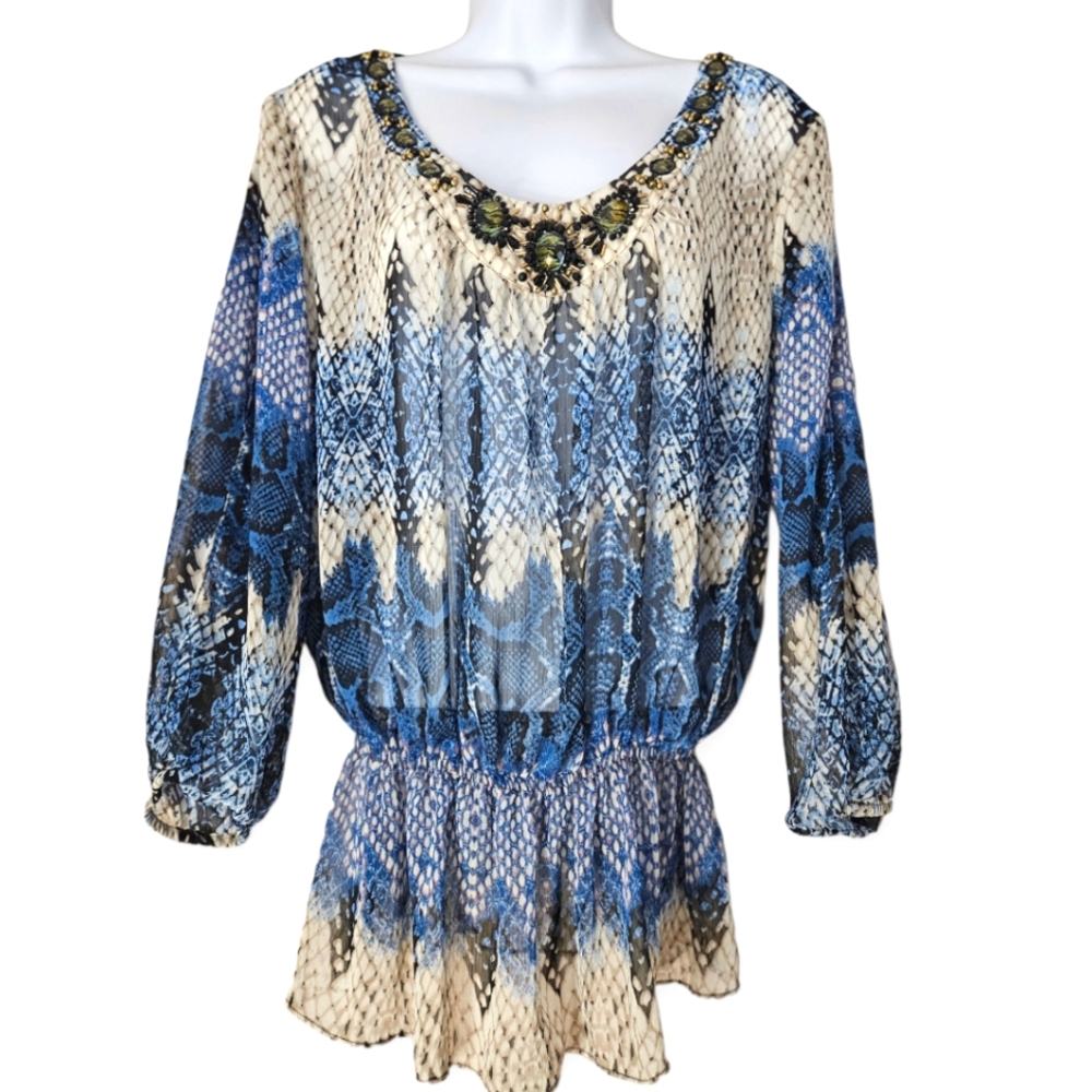 NWOT Cache cream & blue beaded animal print sheer  blouse top Womens Large